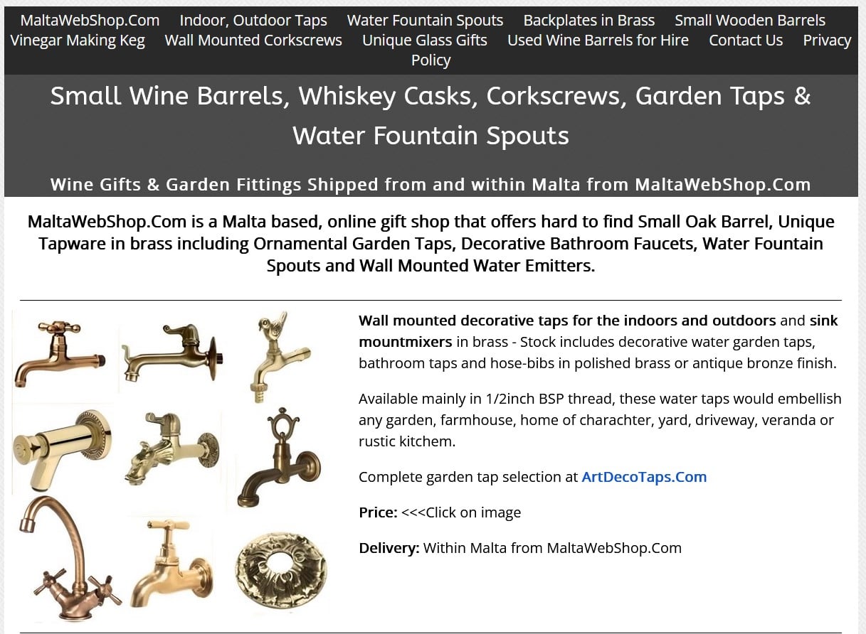 MaltaWebShop for small wooden barrels, fountain spouts and decorative garden taps.