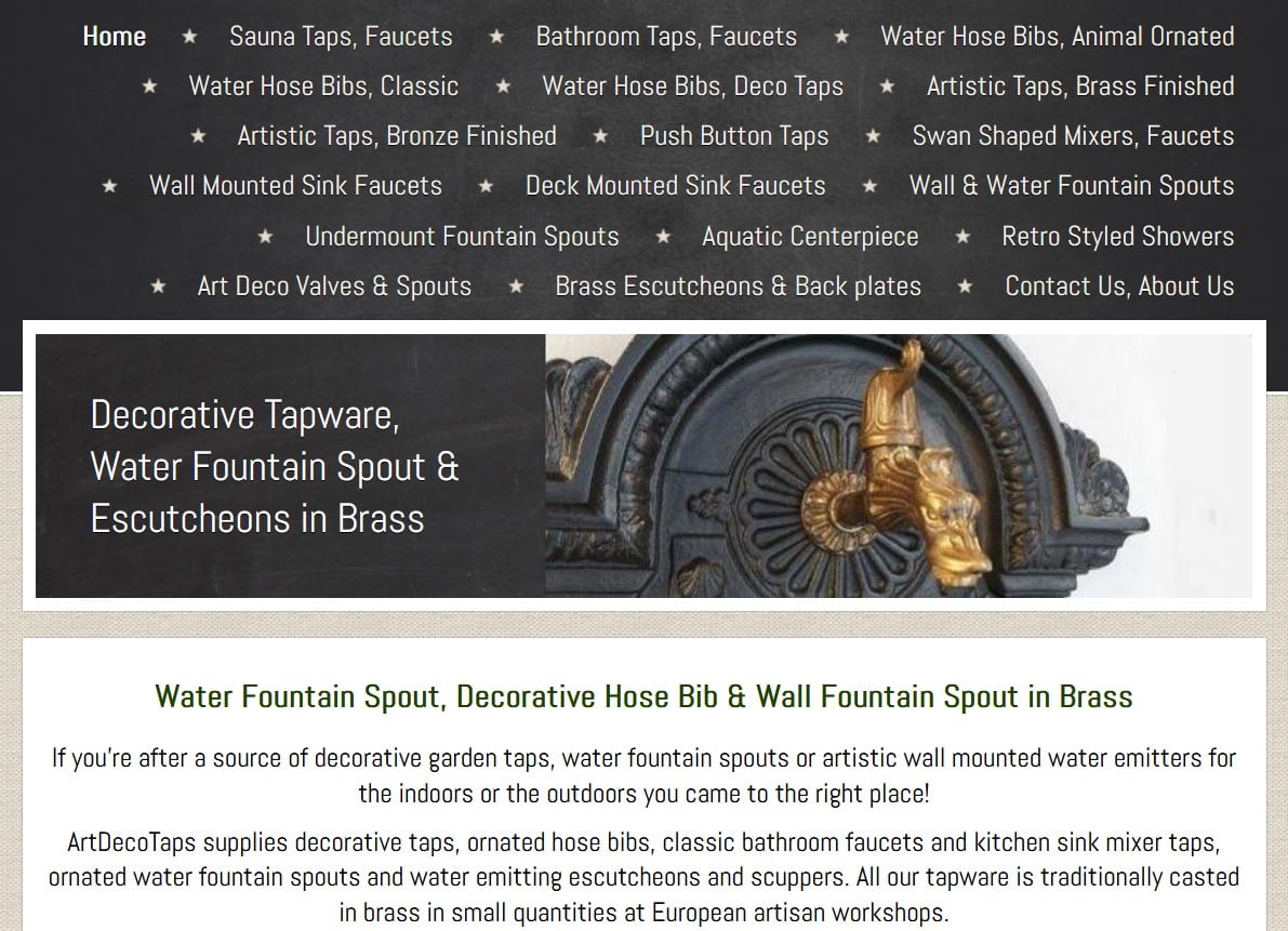Decorative garden taps and water fountain spouts from ArtDecoTaps.Com